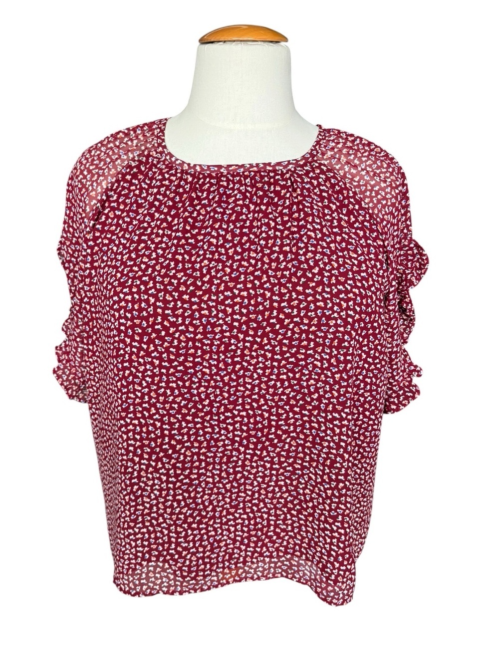 Madewell 2X Burgundy Floral Ruffle Sleeve Blouse Plus Size Cottagecore Q65